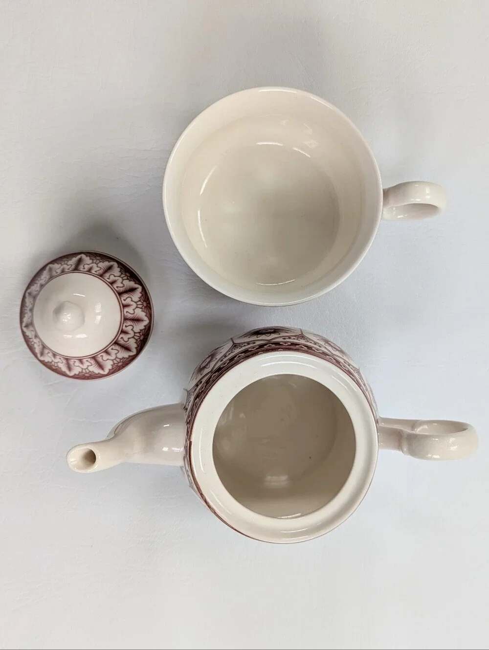 Harry & David Burgundy Floral Tea-For-One Stacking Teapot Cup & Plate Set